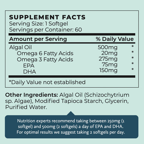 Vegan Omega 3 Supplement - 500mg DHA + EPA Algal Oil