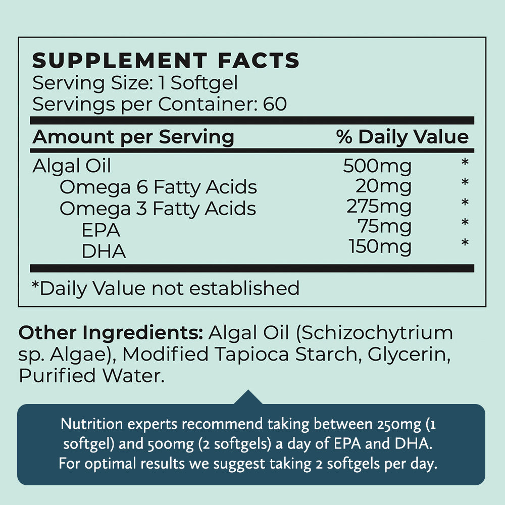 Vegan Omega 3 Supplement - 500mg DHA + EPA Algal Oil