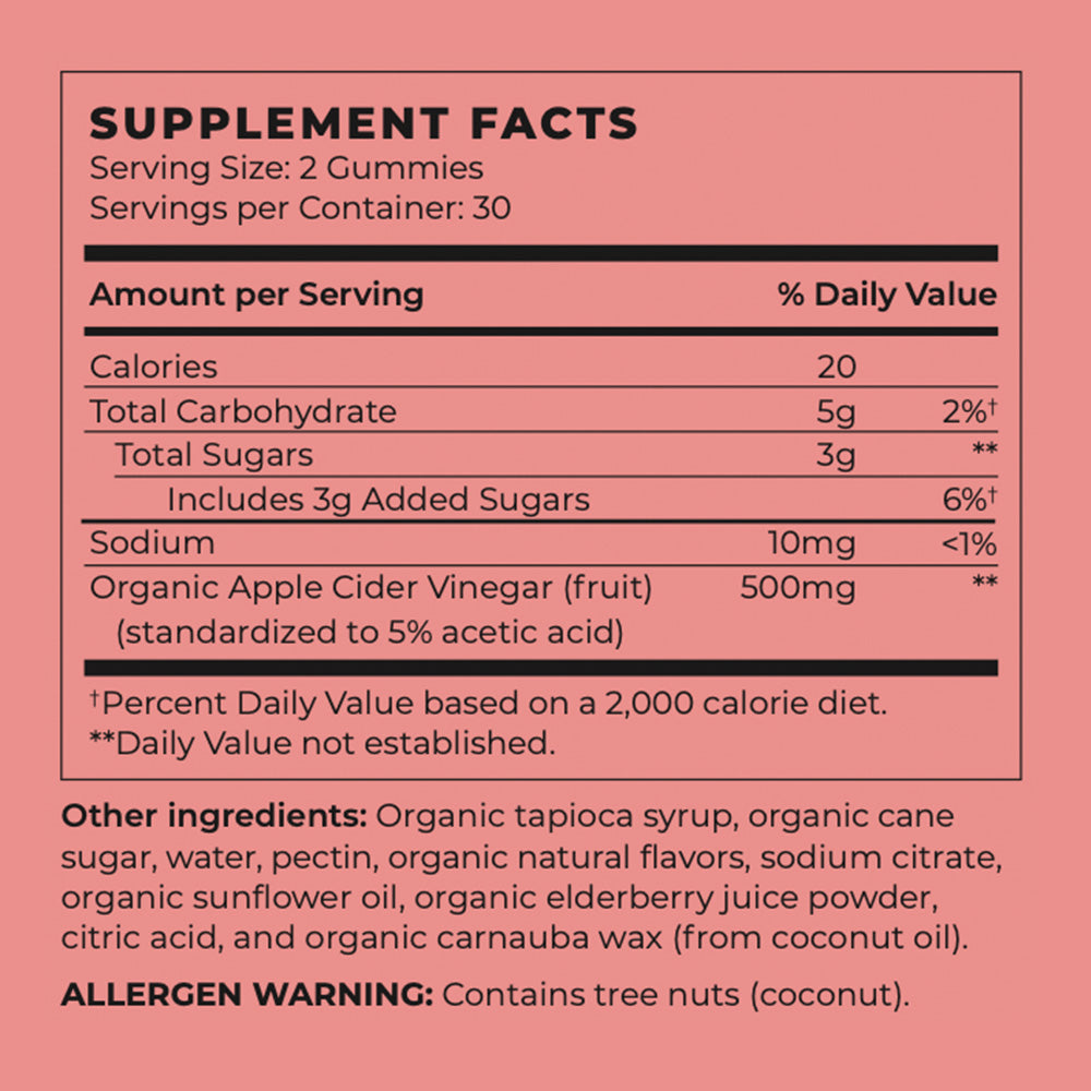 Vegan Organic Apple Cider Vinegar Weight Loss Gummies Supplement Facts