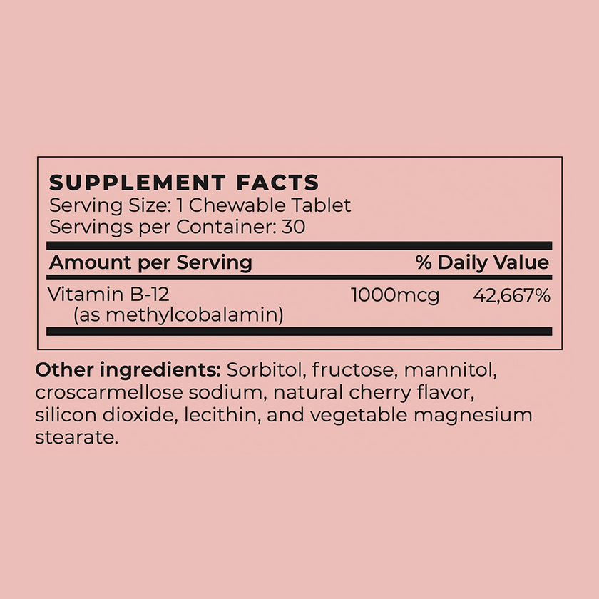 Nutrition facts for Vegan B12 Methylcobalamin Chewable Supplement