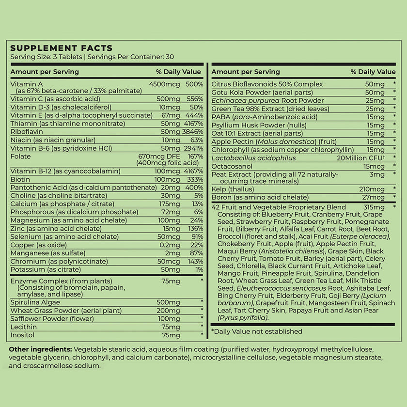 Nutrition facts for Vegan Complete Multivitamin (Vitamins + Probiotic + Enzymes)