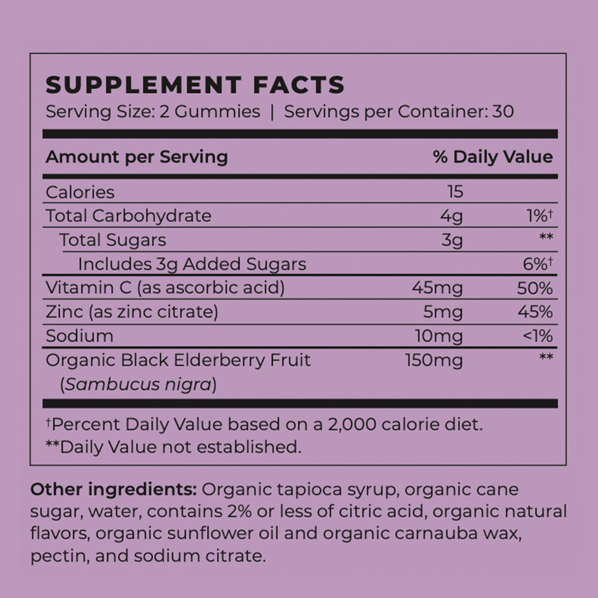 Nutrition facts for Organic Vegan Elderberry Vitamin C & Zinc Immunity Gummies