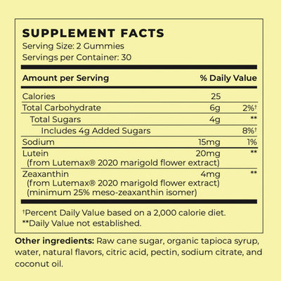 Vegan Lutein & Zeaxanthin Eye Health Gummies Supplement Facts Panel