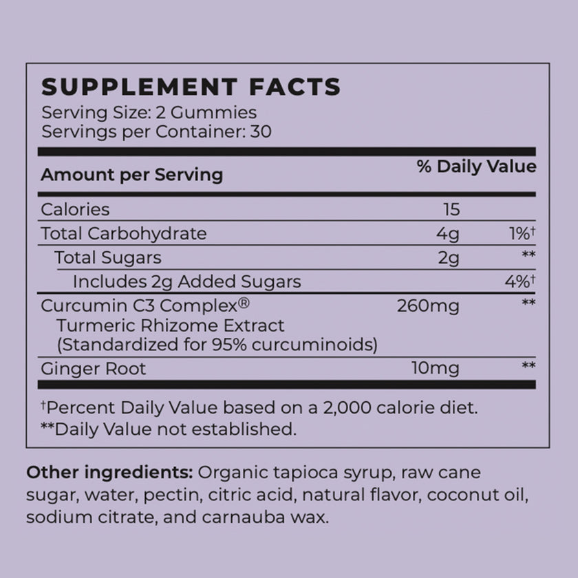 Nutrition facts for Vegan Turmeric & Ginger Happy Joints Gummies