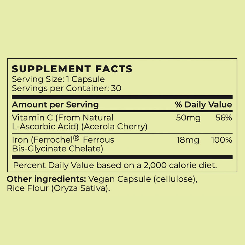 Nutrition facts for Vegan Iron Supplement with Natural Vitamin C