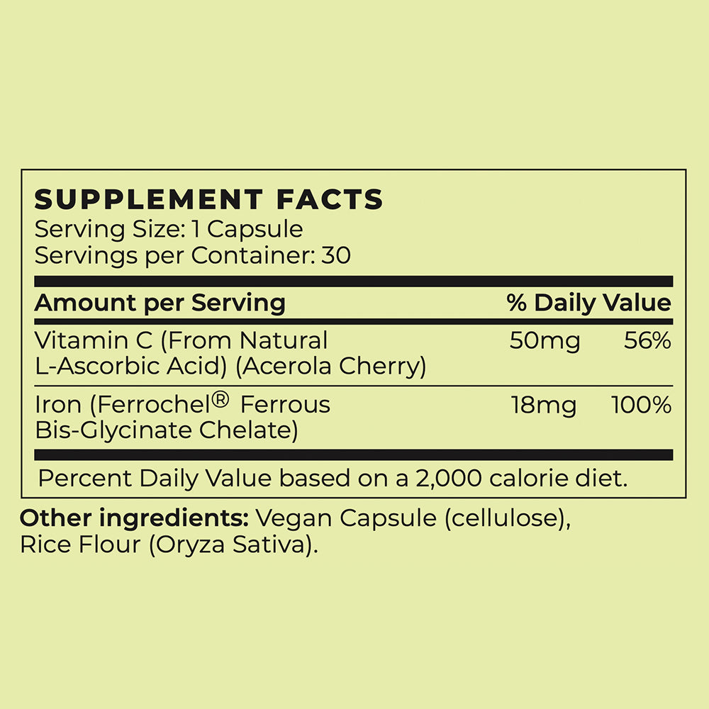 Vegan Iron Supplement with Natural Vitamin C Supplement Facts Panel