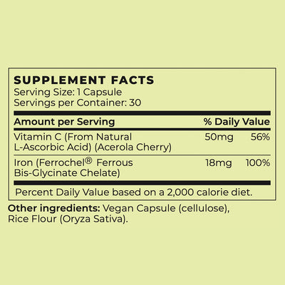 Vegan Iron Supplement with Natural Vitamin C Supplement Facts Panel