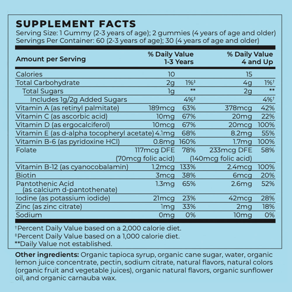 Organic Vegan Kids Multivitamin Gummies Supplement Facts