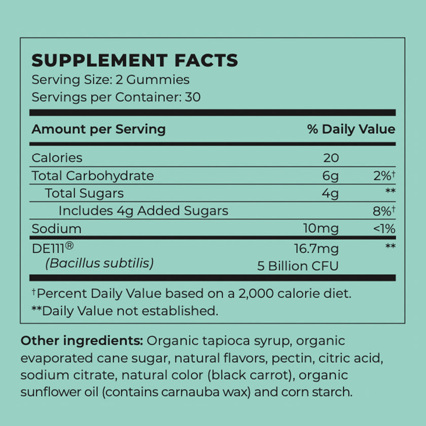 Nutrition facts for Organic Vegan Probiotic Gummies: Gas & Bloating Relief