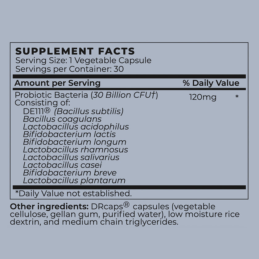 Nutrition facts for Vegan Probiotics Digestion Supplement (30 Billion CFUs)