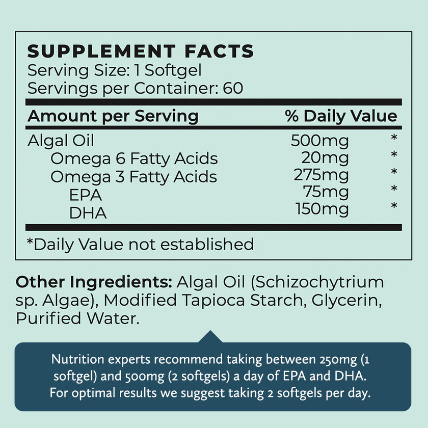 Nutrition facts for Vegan Omega-3 Supplement - 500mg DHA + EPA Algal Oil