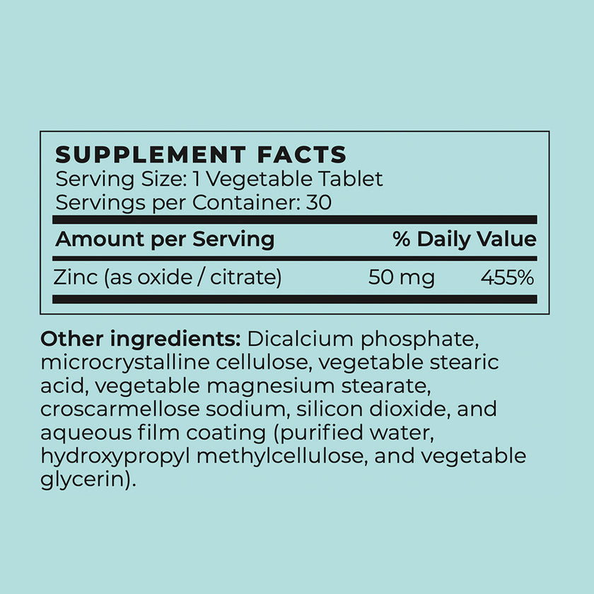 Nutrition facts for Vegan Zinc Supplement